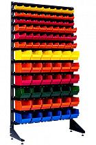 Стеллаж-витрина с разноцветными пластиковыми ящиками